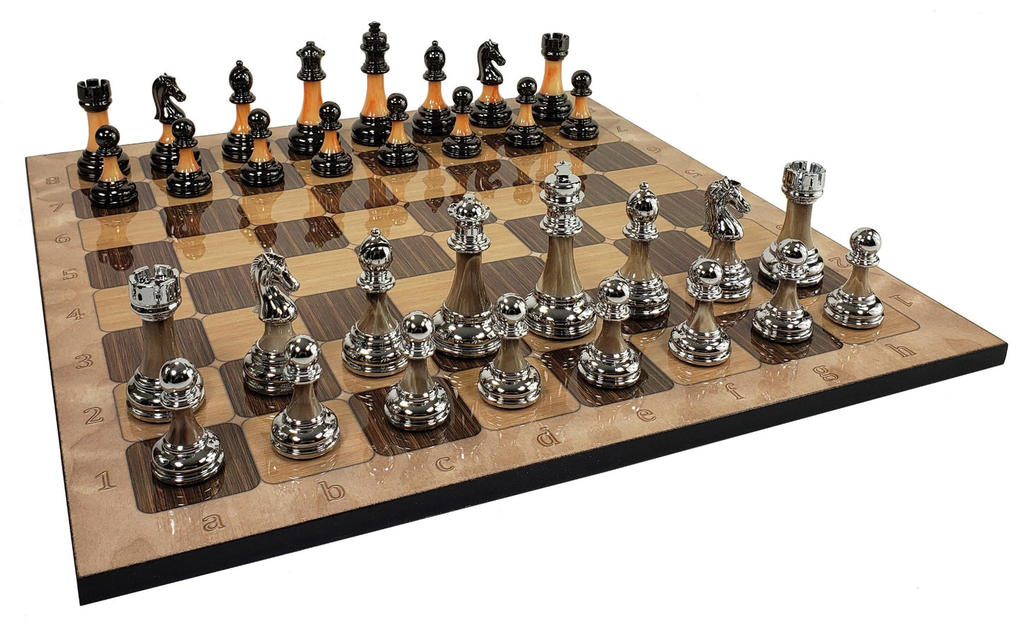 Staunton Chrome & Black Pro Plastic Chess Men Set W 17" Rustic Color Board