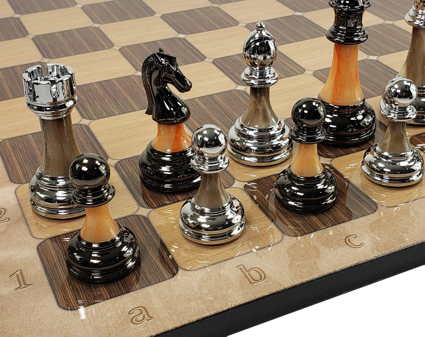 Staunton Chrome & Black Pro Plastic Chess Men Set W 17" Rustic Color Board