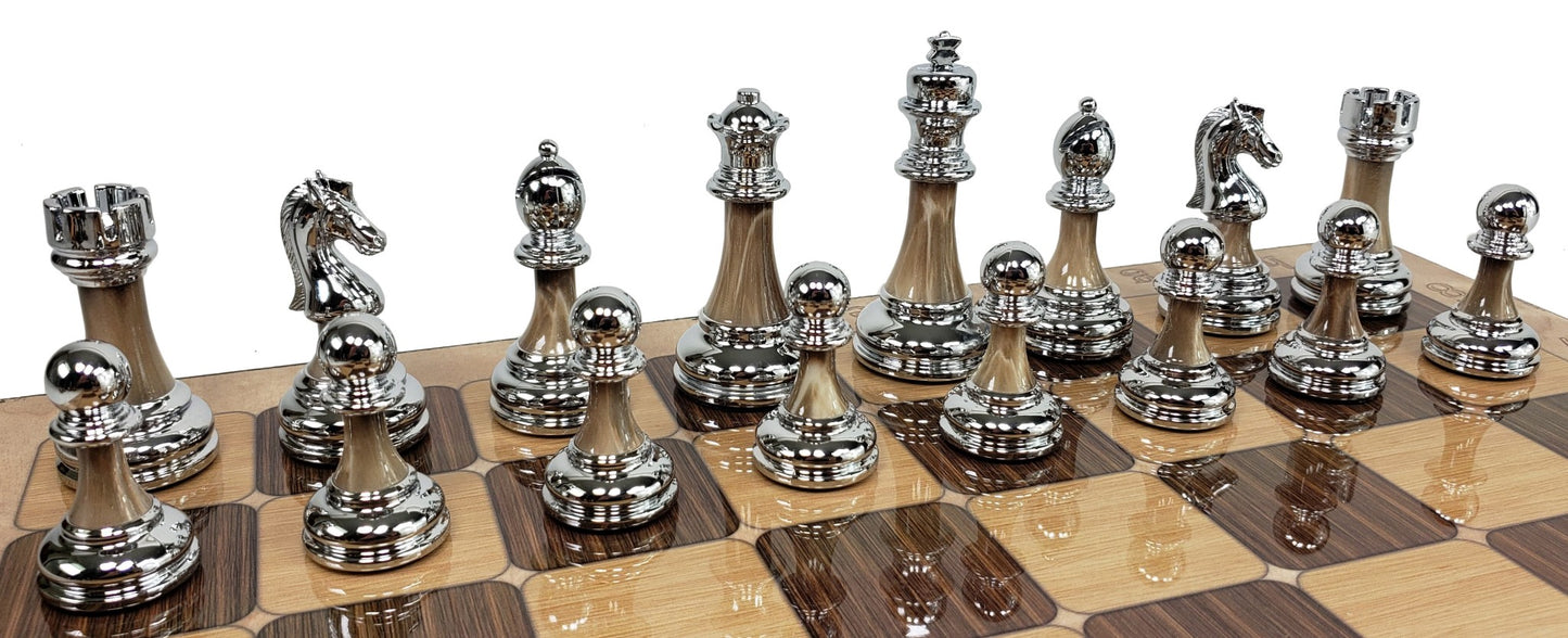 Staunton Chrome & Black Pro Plastic Chess Men Set W 17" Rustic Color Board