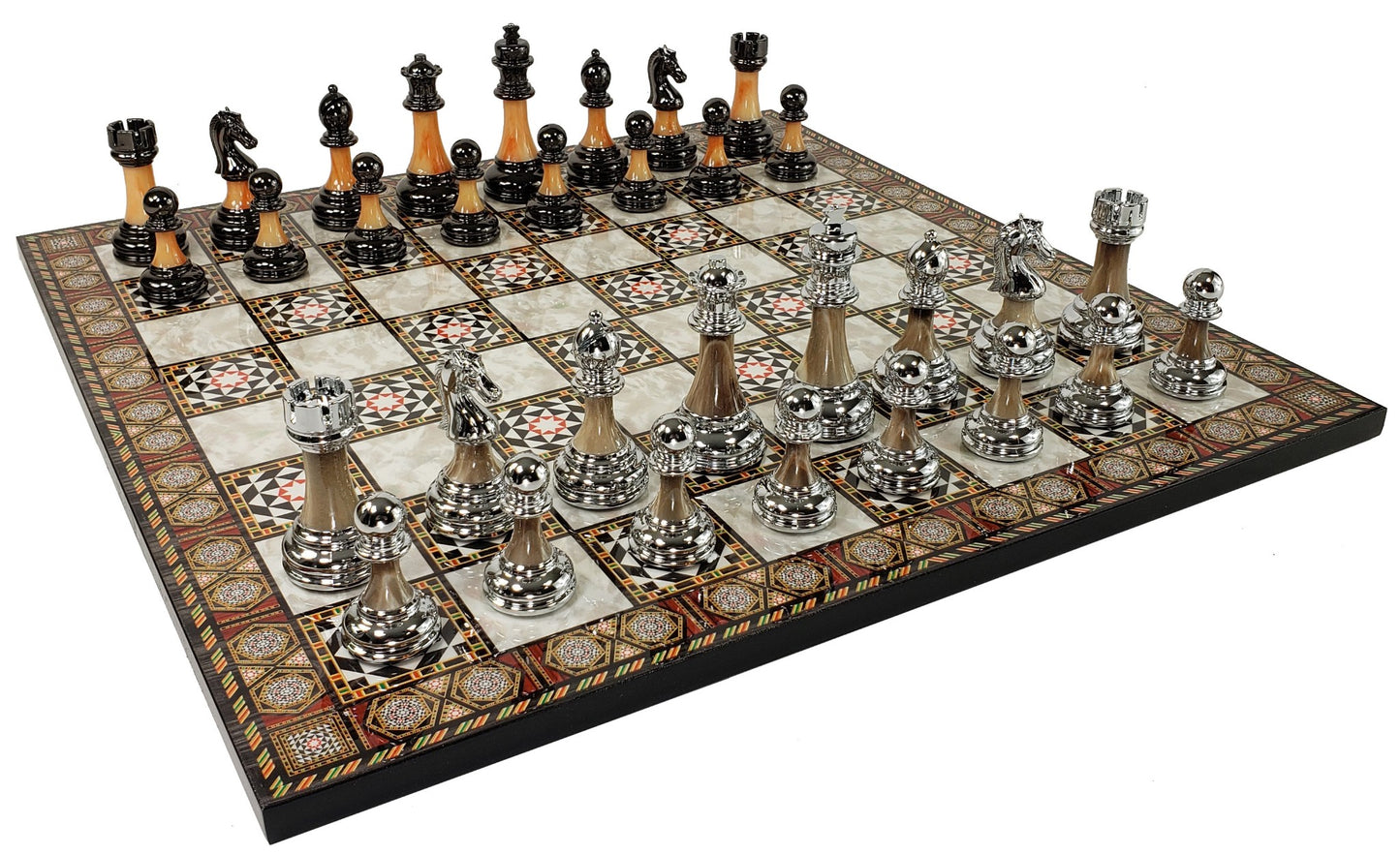 Staunton Chrome & Black Pro Plastic Chess Men Set W 17" Mosaic Color Board