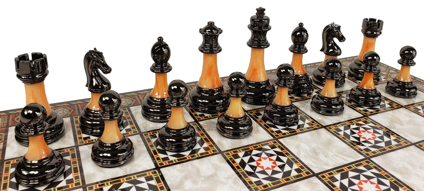 Staunton Chrome & Black Pro Plastic Chess Men Set W 17" Mosaic Color Board