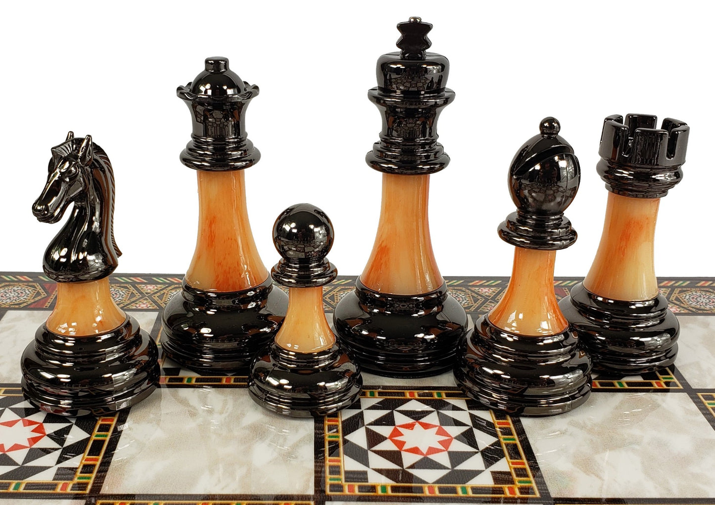 Staunton Chrome & Black Pro Plastic Chess Men Set W 17" Mosaic Color Board