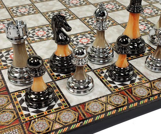 Staunton Chrome & Black Pro Plastic Chess Men Set W 17" Mosaic Color Board