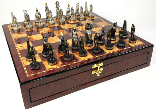 Egyptian Anubis Chess Set Black & Silver Gold Accents Cherry Color Storage Board