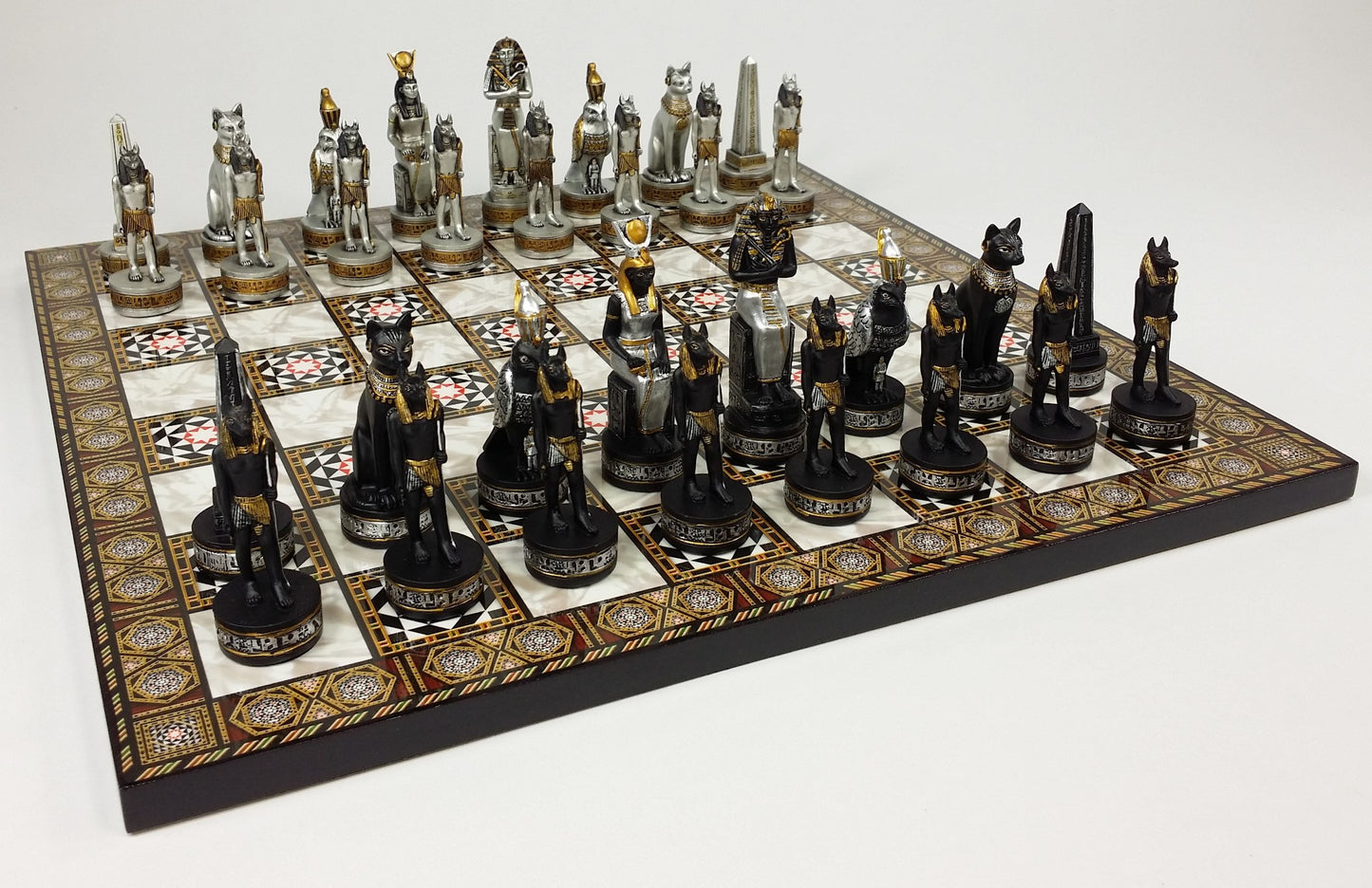 Egyptian Anubis Chess Set Black & Silver W/ Gold Men 14 1/2" Mosaic Color Board