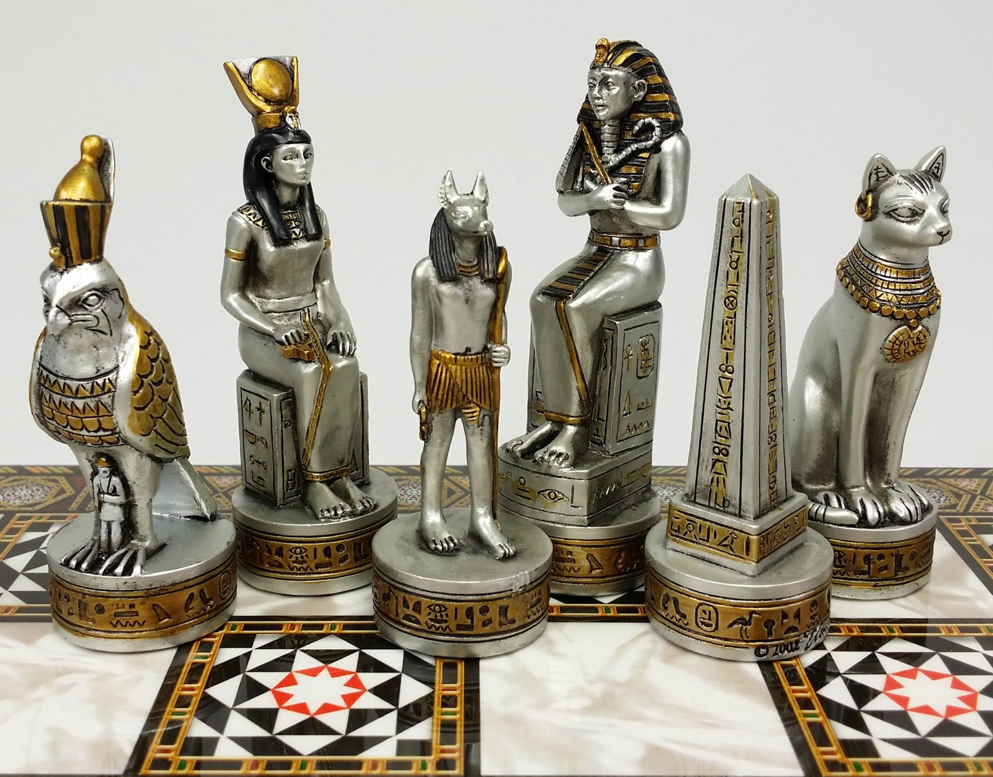 Egyptian Anubis Chess Set Black & Silver W/ Gold Men 14 1/2" Mosaic Color Board