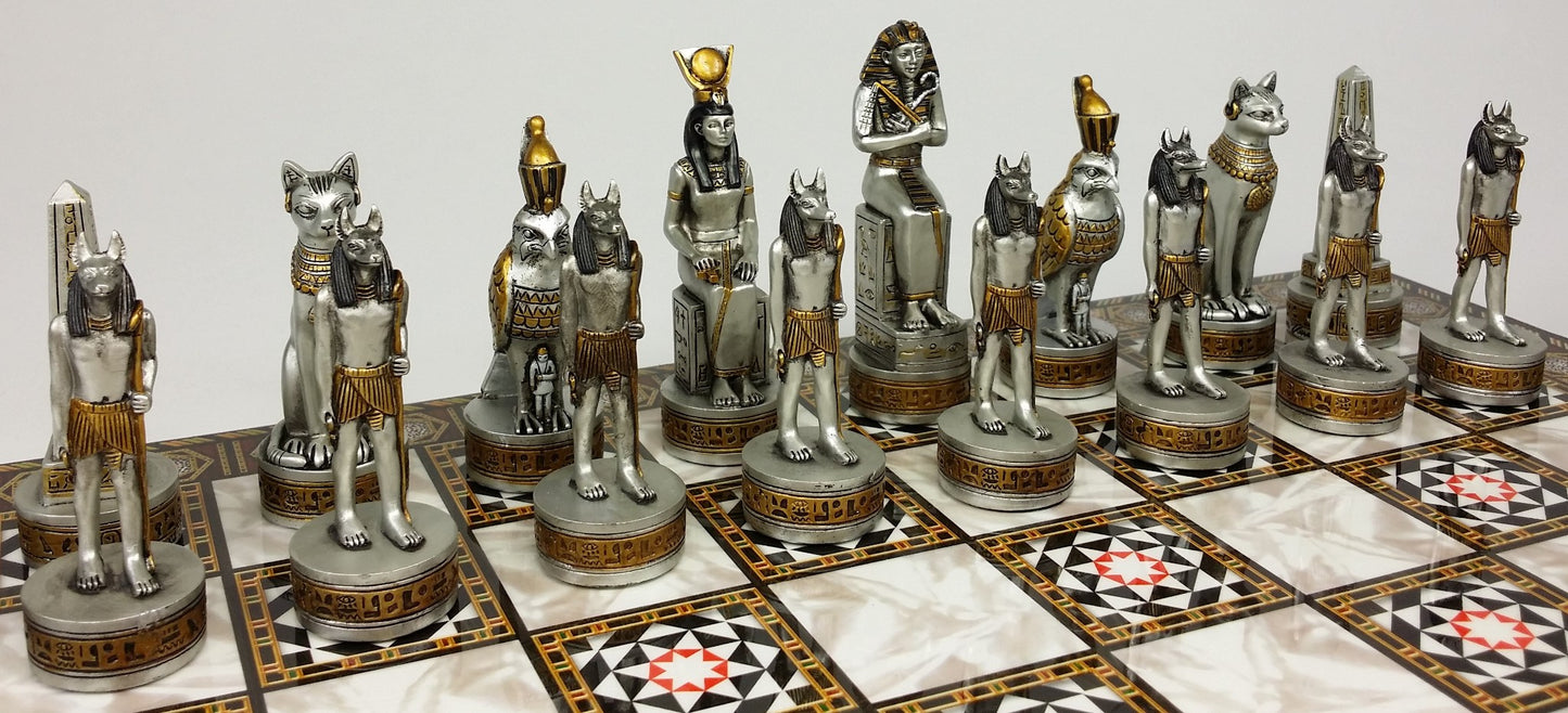 Egyptian Anubis Chess Set Black & Silver W/ Gold Men 14 1/2" Mosaic Color Board