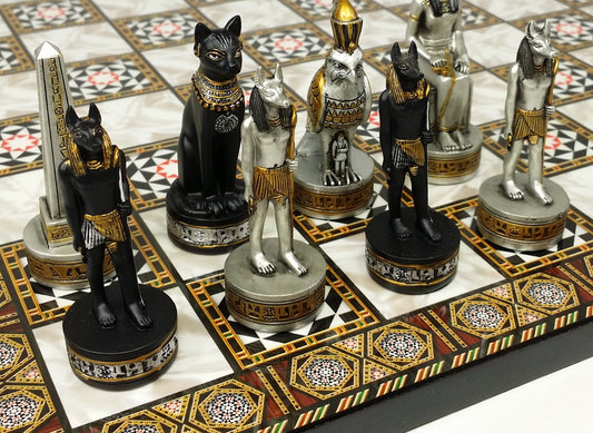 Egyptian Anubis Chess Set Black & Silver W/ Gold Men 14 1/2" Mosaic Color Board
