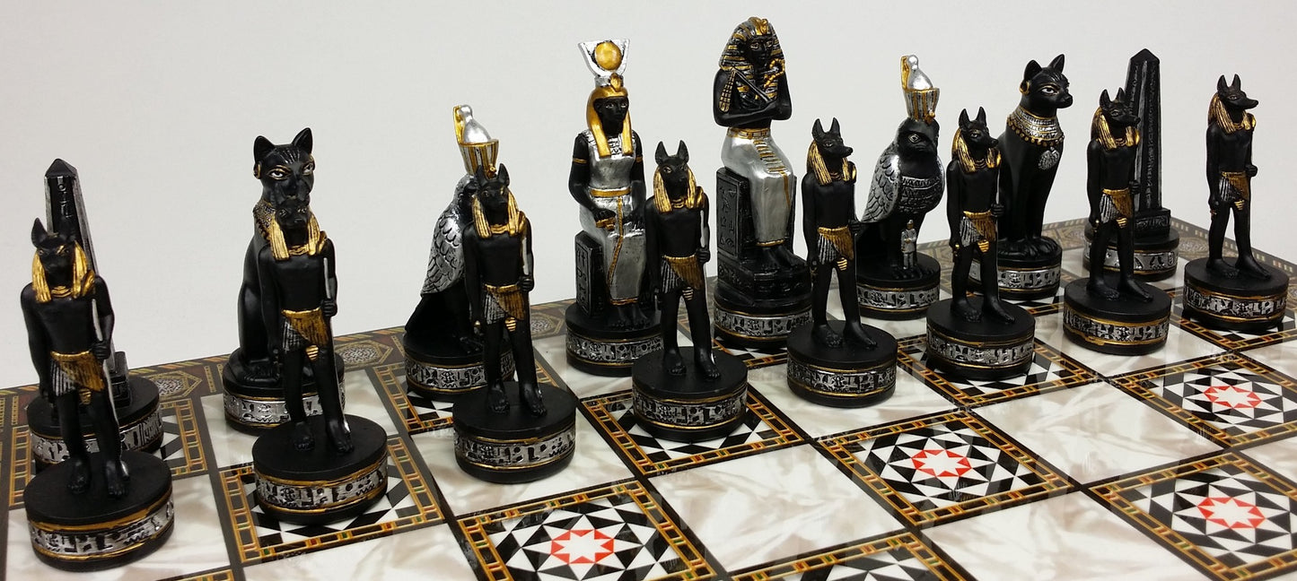 Egyptian Anubis Chess Set Black & Silver W/ Gold Men 14 1/2" Mosaic Color Board