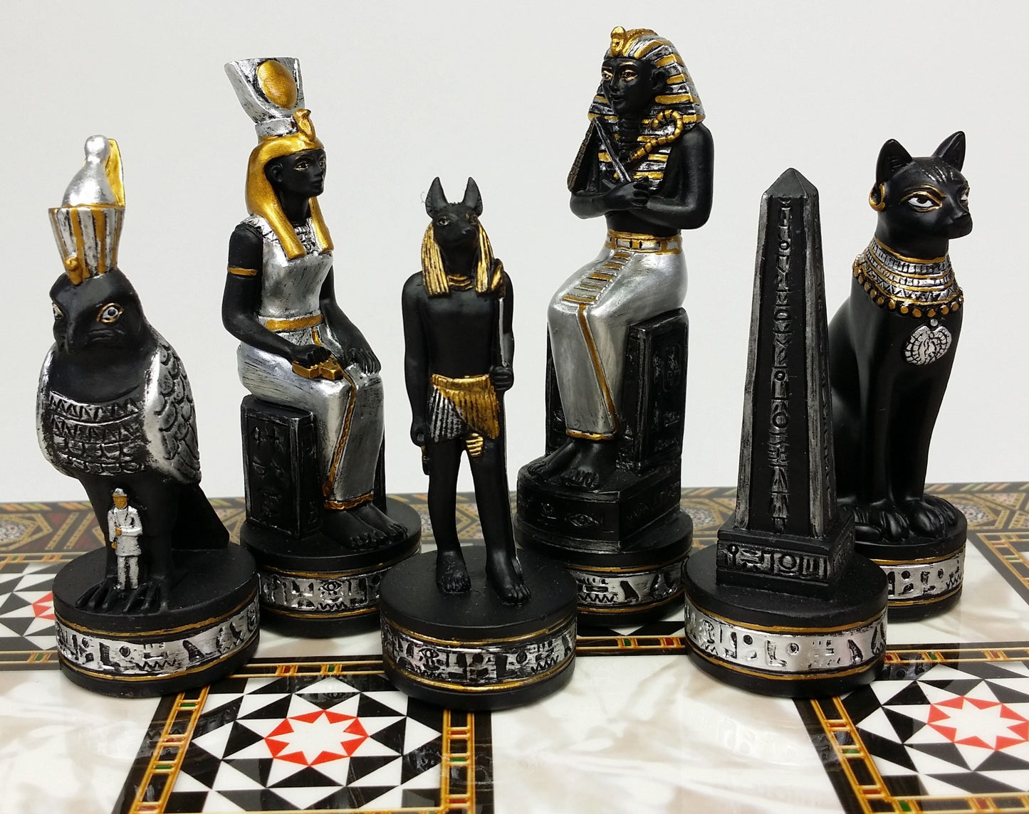 Egyptian Anubis Chess Set Black & Silver W/ Gold Men 14 1/2" Mosaic Color Board