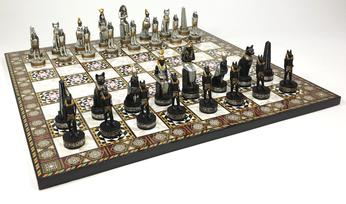 Egyptian Anubis Black & Silver Gold Accents Chess Set W/ 17" Mosaic Color Board