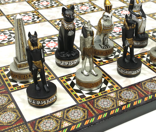 Egyptian Anubis Black & Silver Gold Accents Chess Set W/ 17" Mosaic Color Board