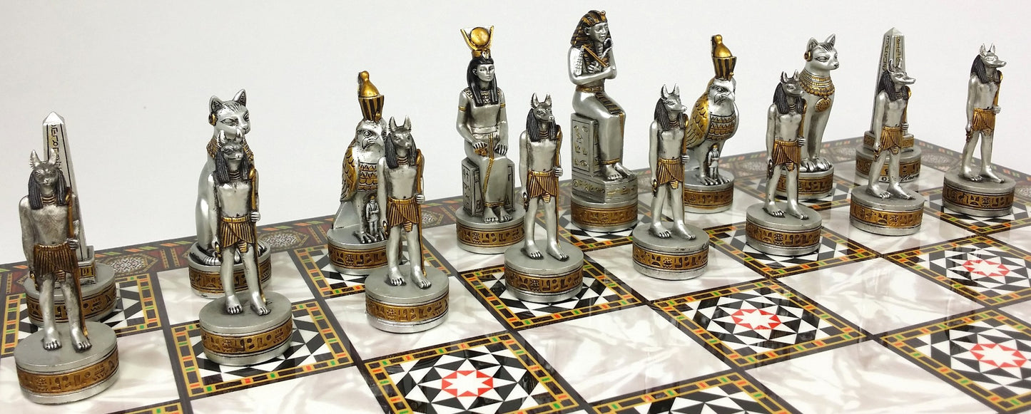 Egyptian Anubis Black & Silver Gold Accents Chess Set W/ 17" Mosaic Color Board