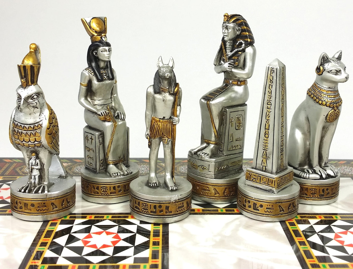 Egyptian Anubis Black & Silver Gold Accents Chess Set W/ 17" Mosaic Color Board