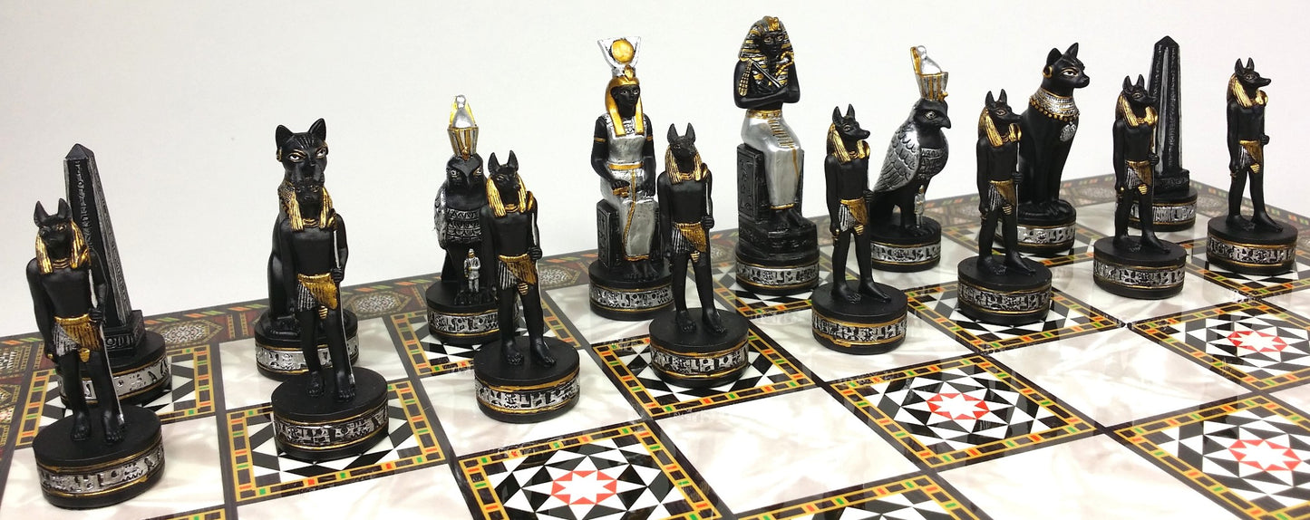 Egyptian Anubis Black & Silver Gold Accents Chess Set W/ 17" Mosaic Color Board