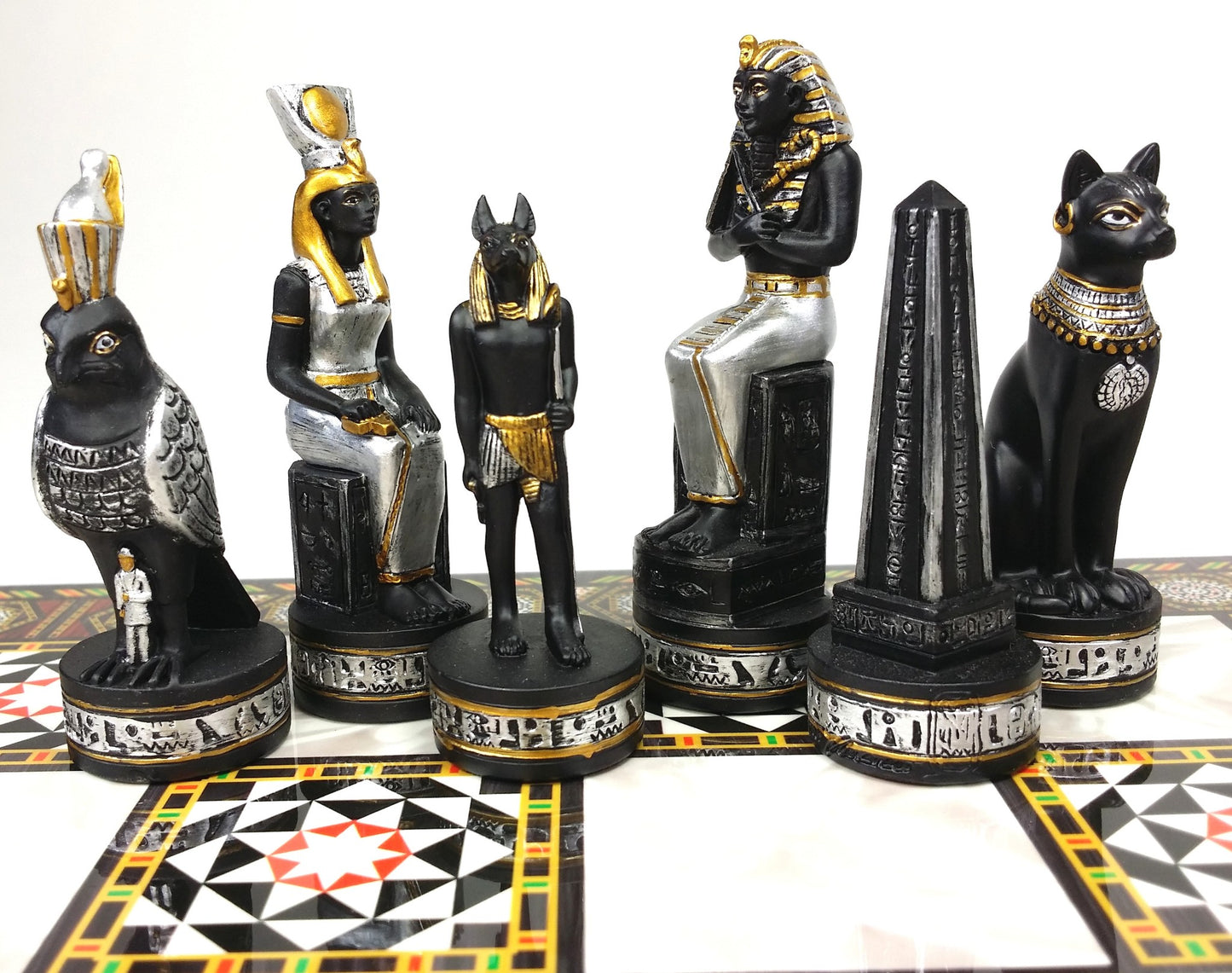 Egyptian Anubis Black & Silver Gold Accents Chess Set W/ 17" Mosaic Color Board