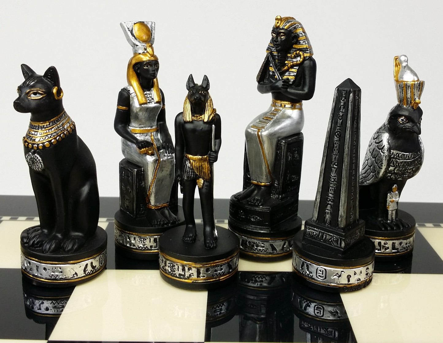 Egyptian Anubis Chess Set Black Silver  & Gold W/ 15" Black & White Gloss Board