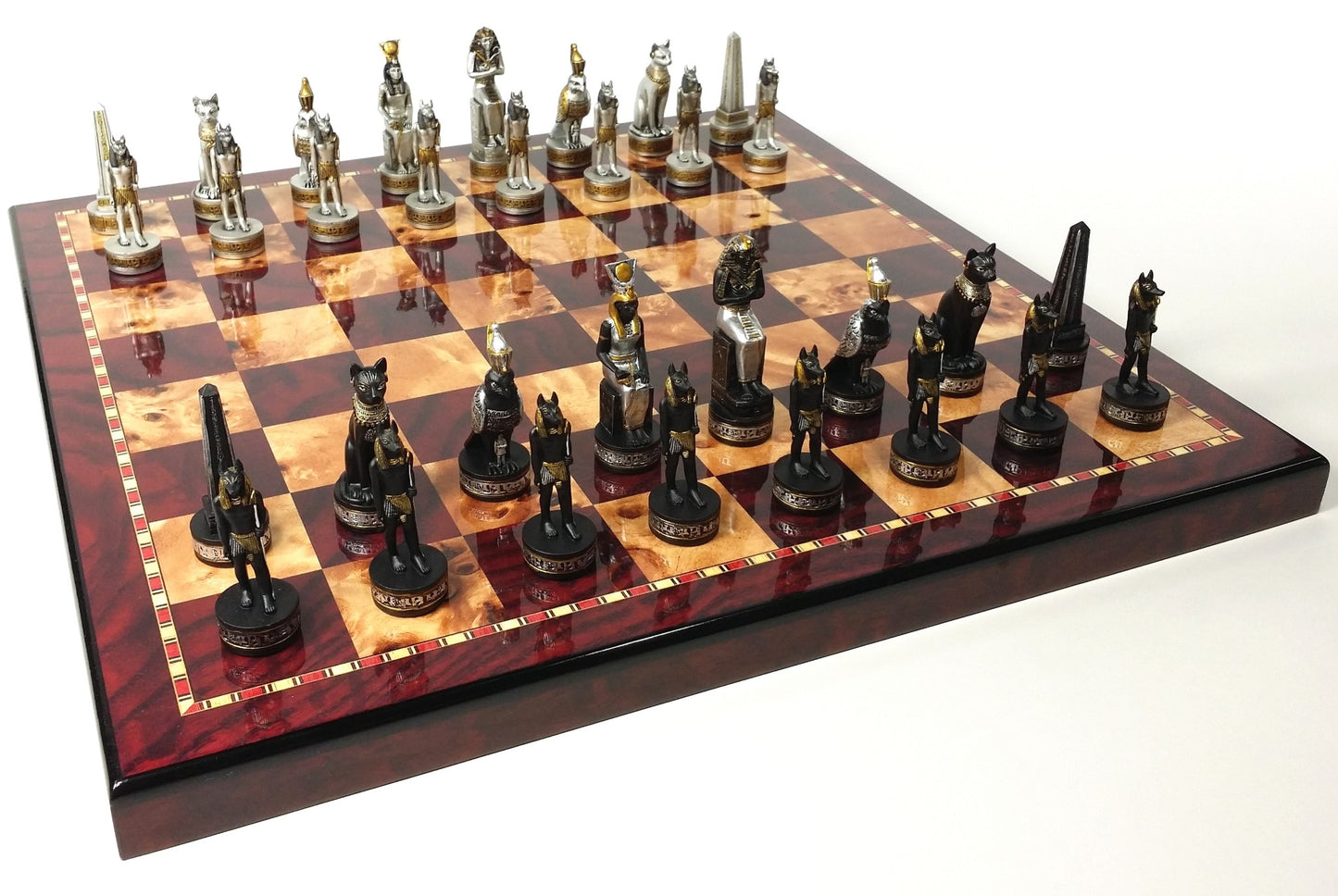 Egyptian Anubis Black & Silver W/ Gold Accents Chess Set W/ 18" Cherry Color Bd