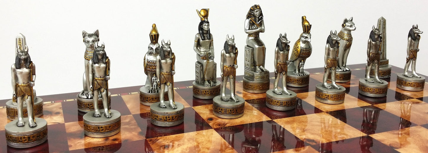 Egyptian Anubis Black & Silver W/ Gold Accents Chess Set W/ 18" Cherry Color Bd