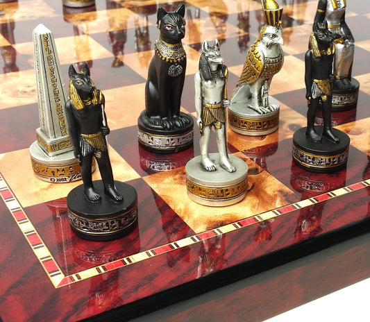 Egyptian Anubis Black & Silver W/ Gold Accents Chess Set W/ 18" Cherry Color Bd