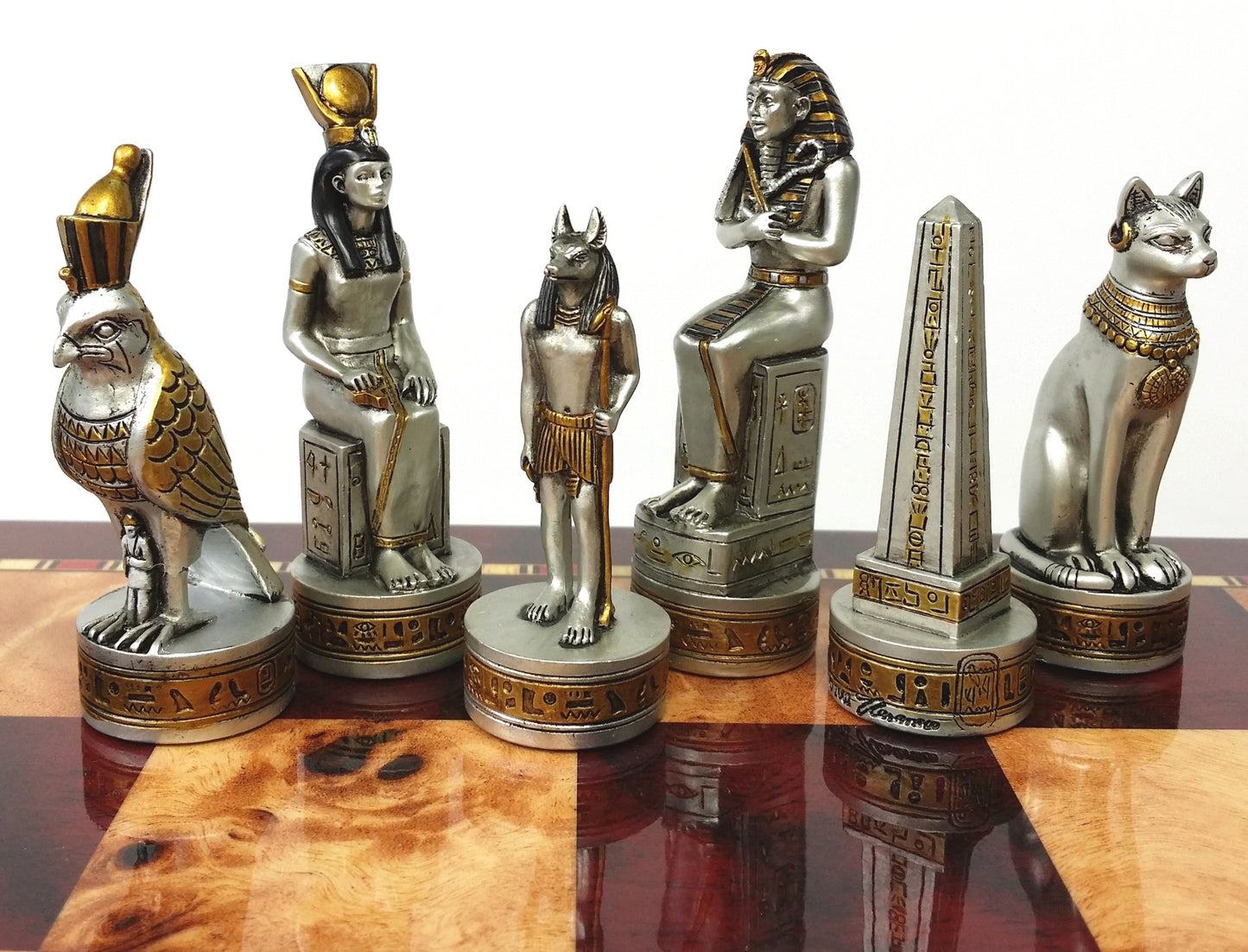 Egyptian Anubis Chess Set Black & Silver Gold Accents Cherry Color Storage Board