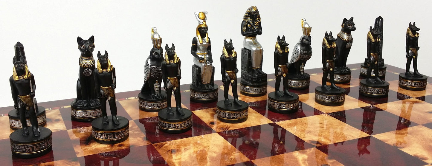 Egyptian Anubis Black & Silver W/ Gold Accents Chess Set W/ 18" Cherry Color Bd