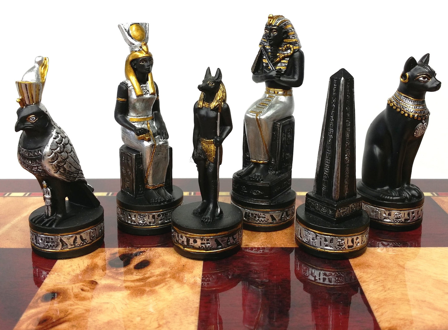 Egyptian Anubis Black & Silver W/ Gold Accents Chess Set W/ 18" Cherry Color Bd