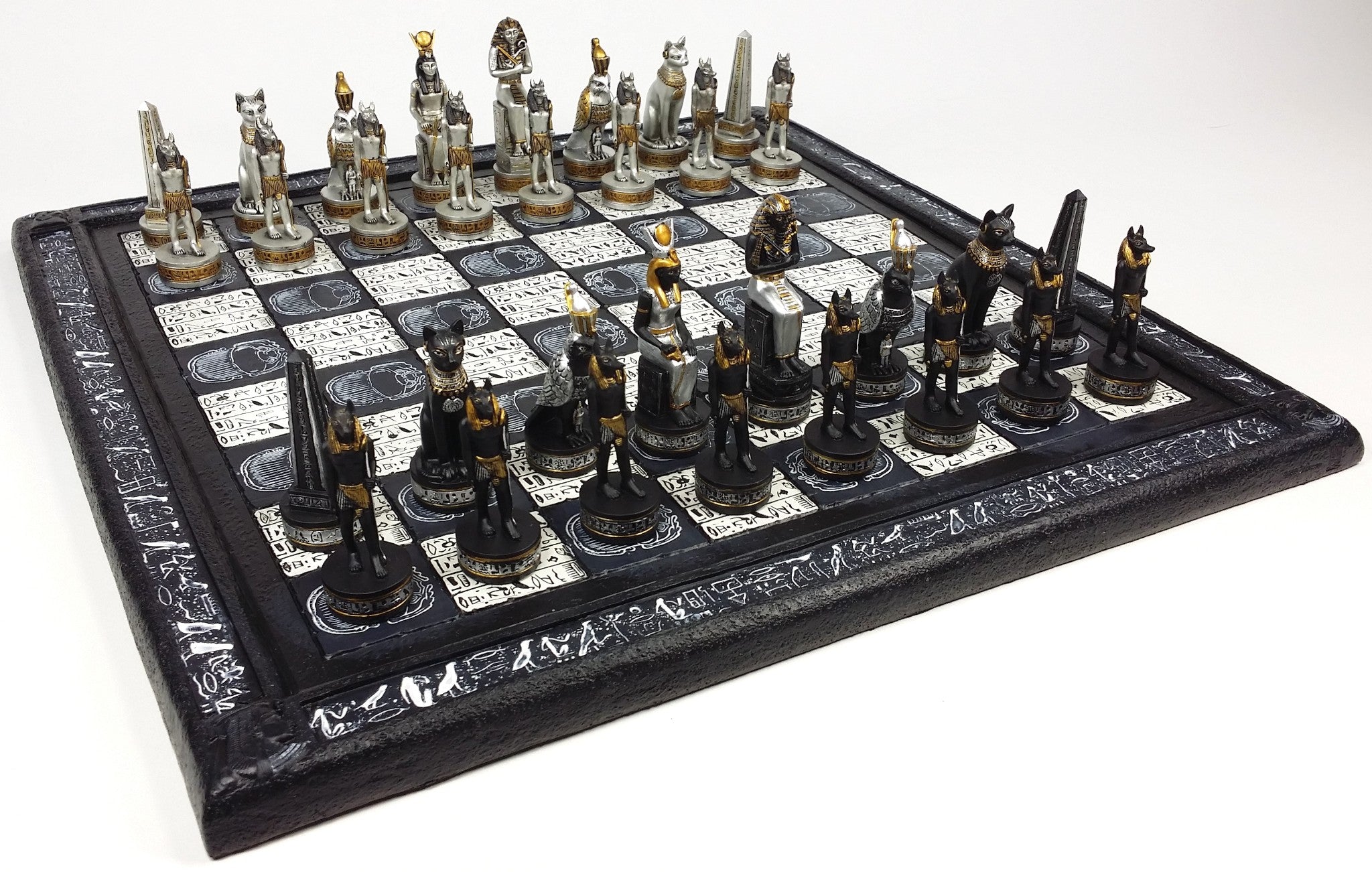 Egyptian Anubis Black Silver and Gold Chess Set W/ 16