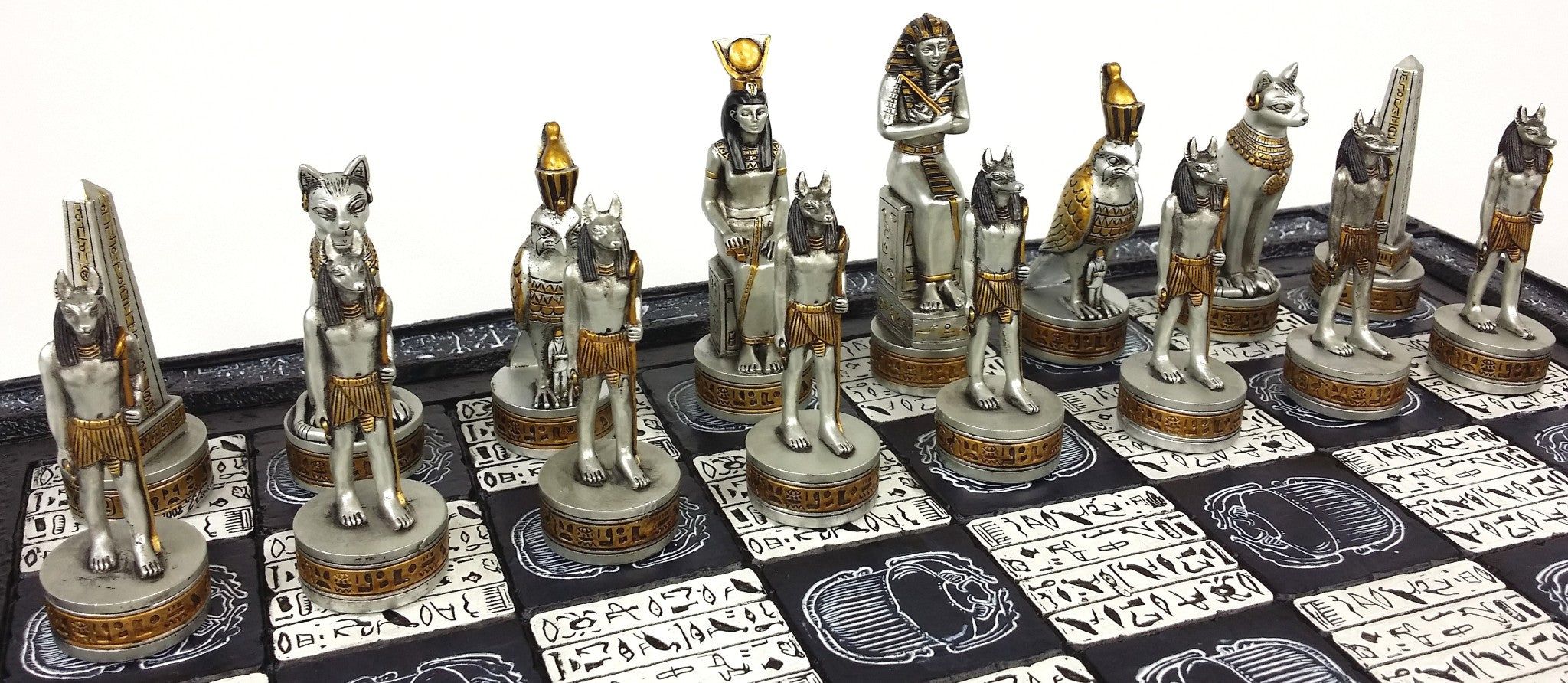 Egyptian Anubis Black Silver and Gold Chess Set W/ 16