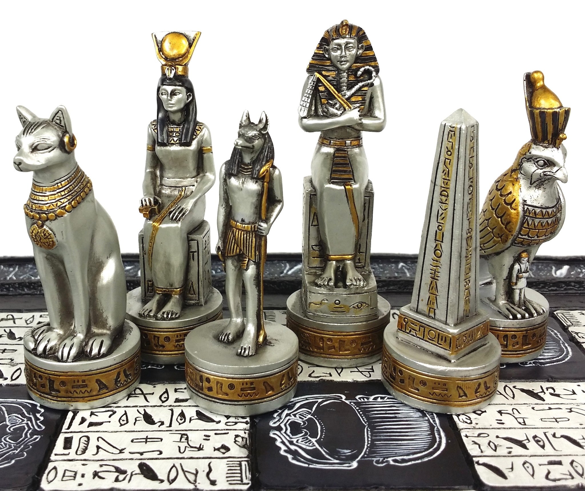 Egyptian Anubis Black Silver and Gold Chess Set W/ 16