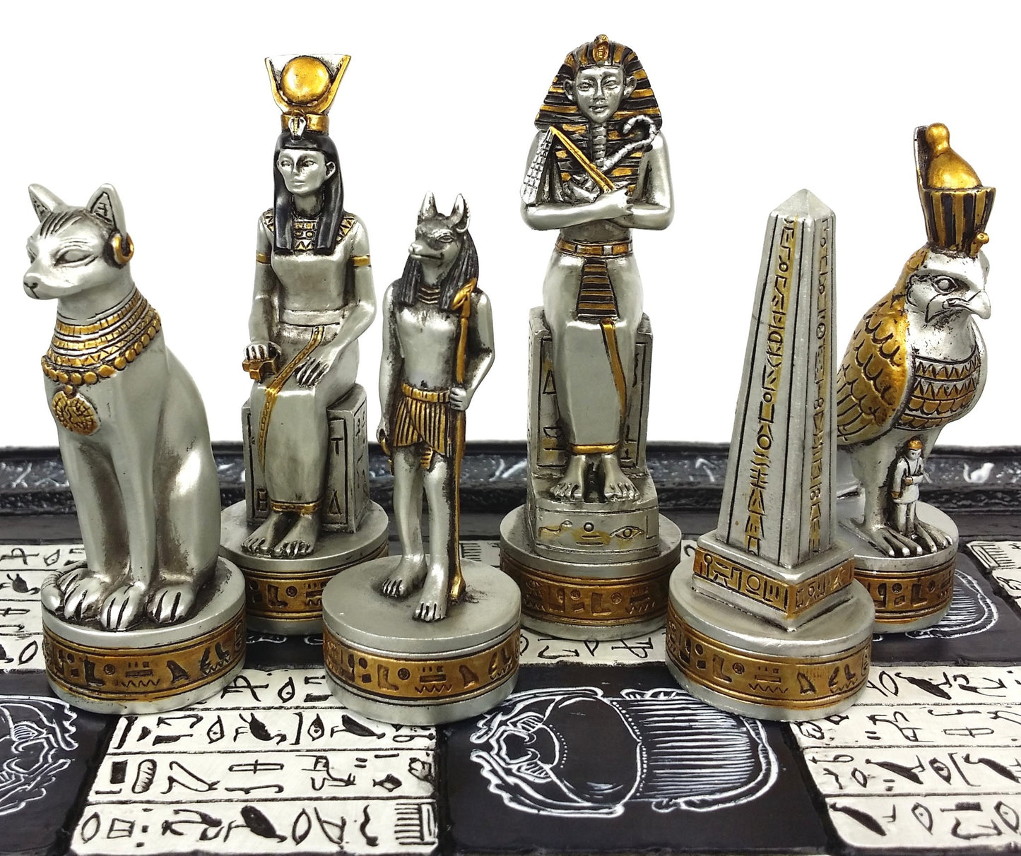 Egyptian Anubis Black Silver and Gold Chess Set W/ 16" Hieroglyphics Board