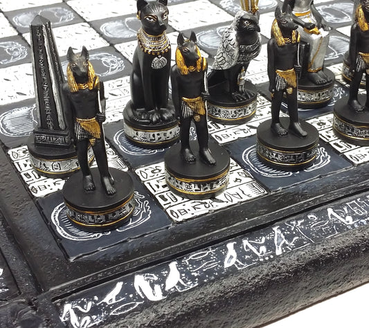 Egyptian Anubis Black Silver and Gold Chess Set W/ 16" Hieroglyphics Board
