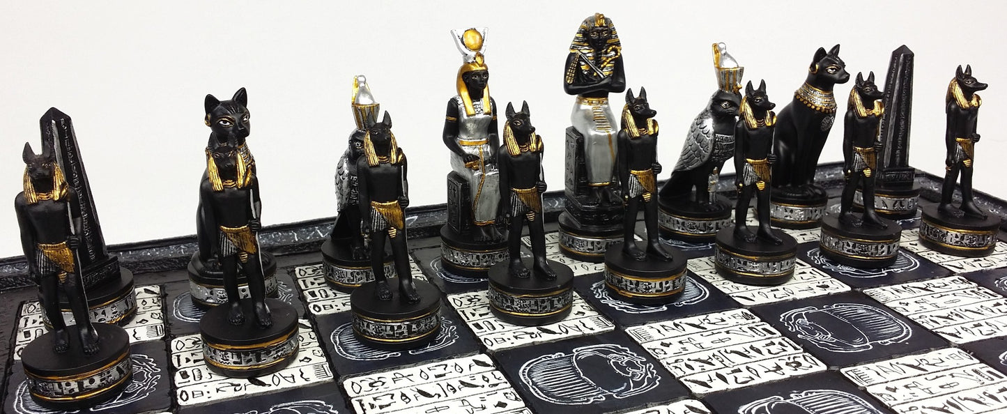 Egyptian Anubis Black Silver and Gold Chess Set W/ 16" Hieroglyphics Board