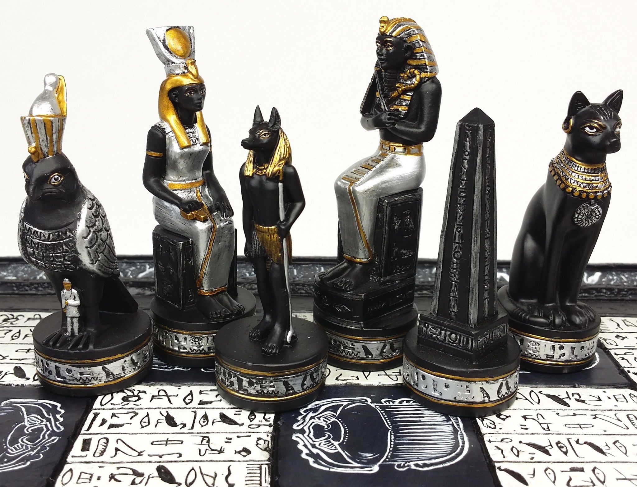 Egyptian Anubis Black Silver and Gold Chess Set W/ 16