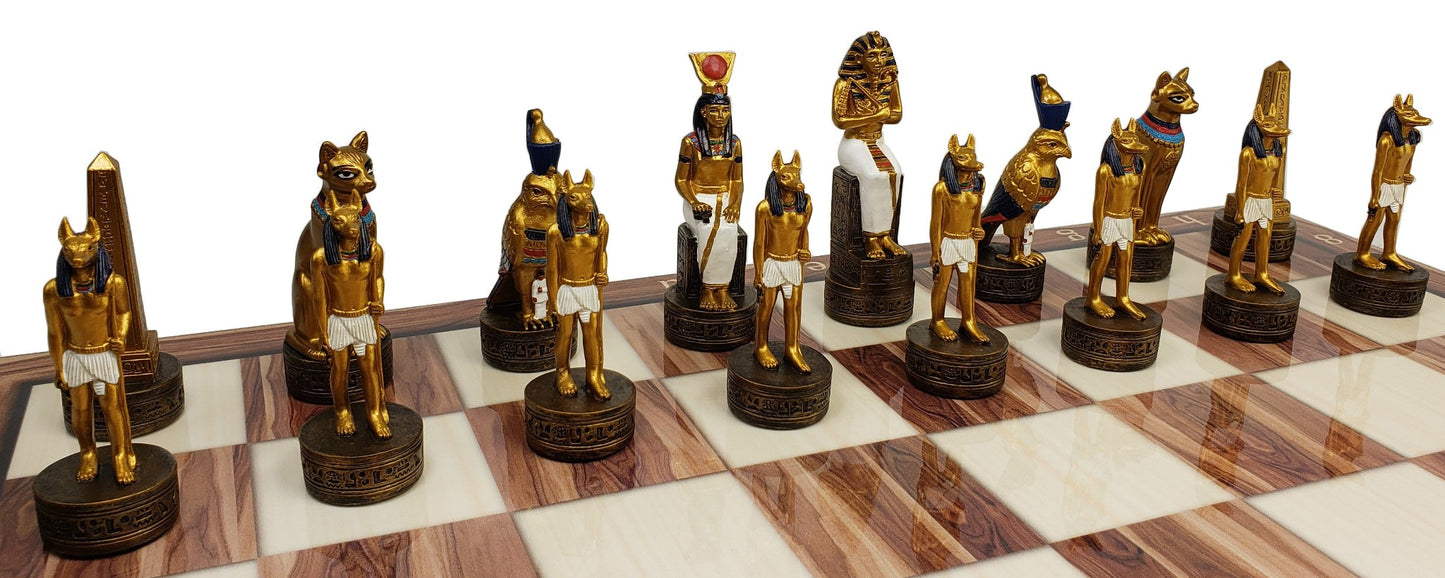 Egyptian Anubis Anubis Buff & Gold Chess Men Set With 17" Cedar Color Board