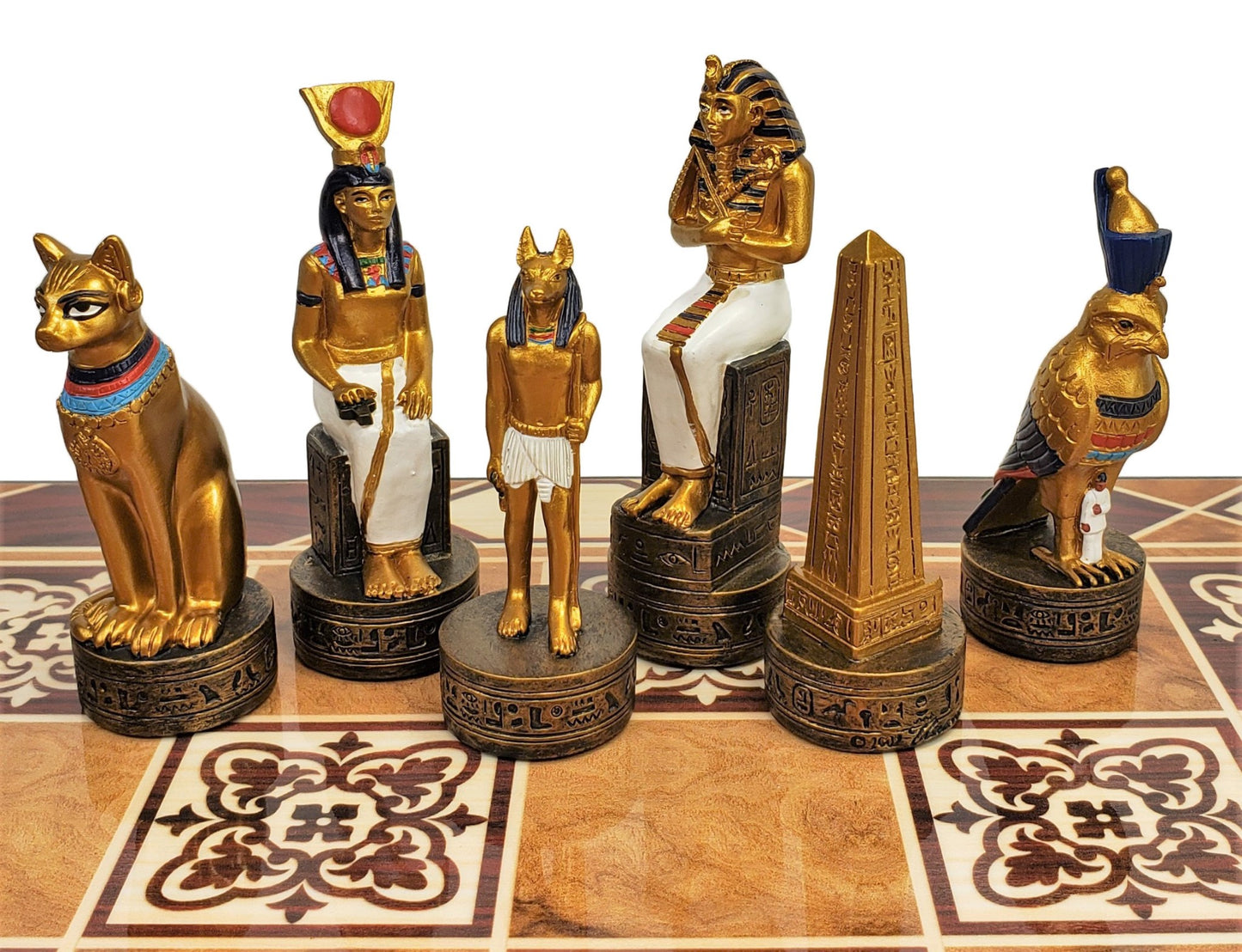 Egyptian Anubis Anubis Buff & Gold Chess Men Set With 17" Burlwood Color Board