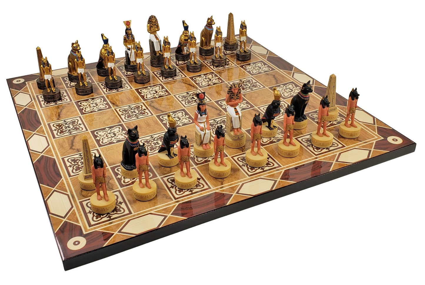 Egyptian Anubis Anubis Buff & Gold Chess Men Set With 17" Burlwood Color Board