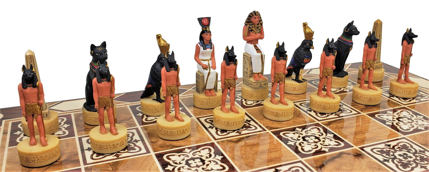 Egyptian Anubis Anubis Buff & Gold Chess Men Set With 17" Burlwood Color Board