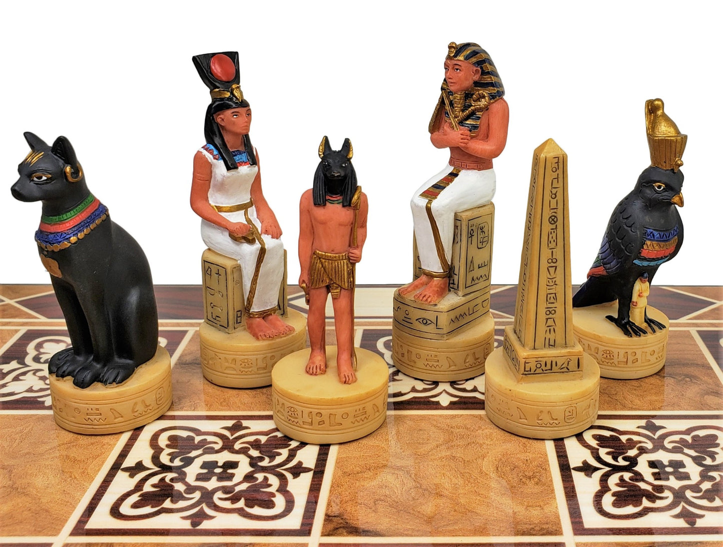 Egyptian Anubis Anubis Buff & Gold Chess Men Set With 17" Burlwood Color Board