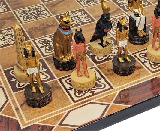 Egyptian Anubis Anubis Buff & Gold Chess Men Set With 17" Burlwood Color Board