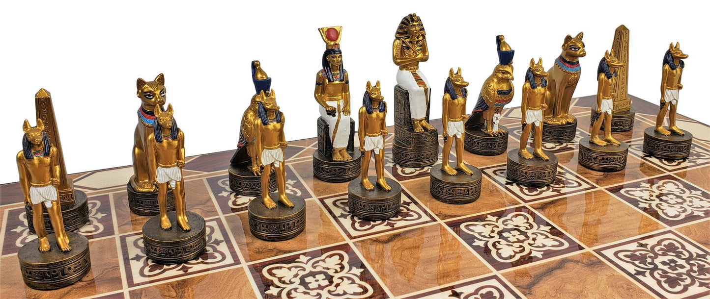 Egyptian Anubis Anubis Buff & Gold Chess Men Set With 17" Burlwood Color Board