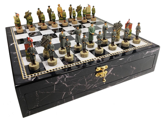 WW2 US vs GERMANY Chess Set With 17" Black & White Faux Marble Storage Board
