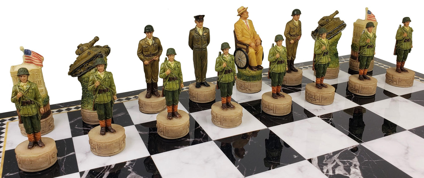 WW2 US vs GERMANY Chess Set With 17" Black & White Faux Marble Storage Board