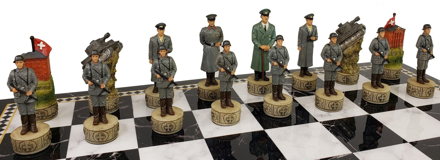 WW2 US vs GERMANY Chess Set With 17" Black & White Faux Marble Storage Board