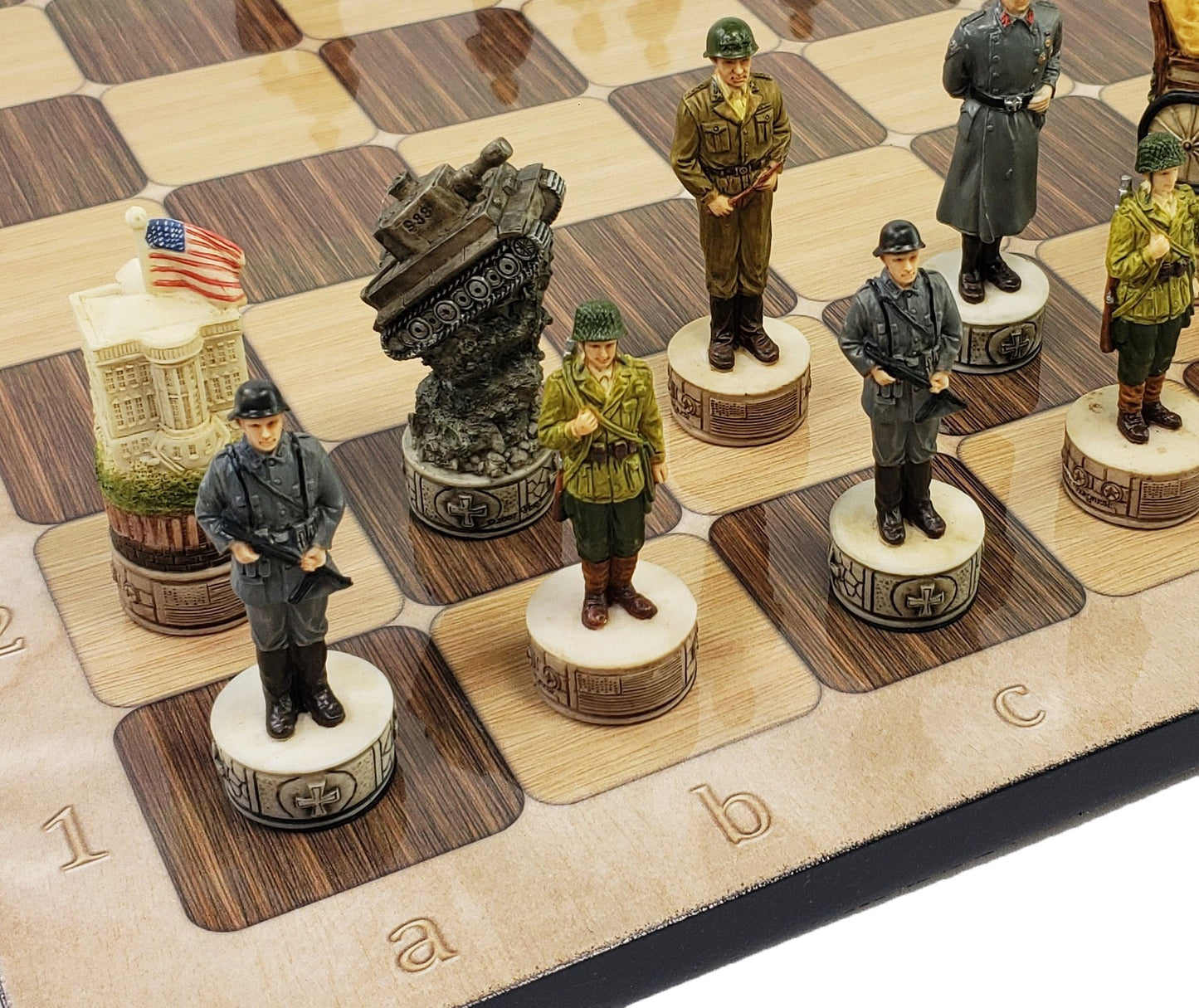 WW2 US vs Germany Chess Set W/ 17" Rustic Maple & Ebony Color Board World War 2