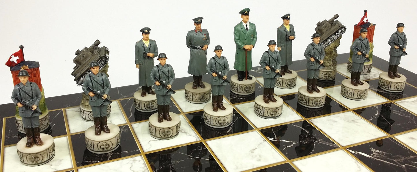 WW2 US vs Germany Chess Set W/ 17" Black and White Faux Marble Board World War 2