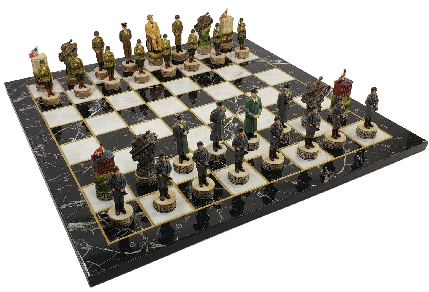 WW2 US vs Germany Chess Set W/ 17" Black and White Faux Marble Board World War 2