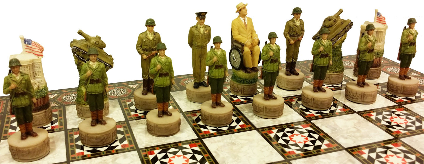 WW2 US vs GERMANY CHESS SET W/ 17" Mosaic Color Board World War 2