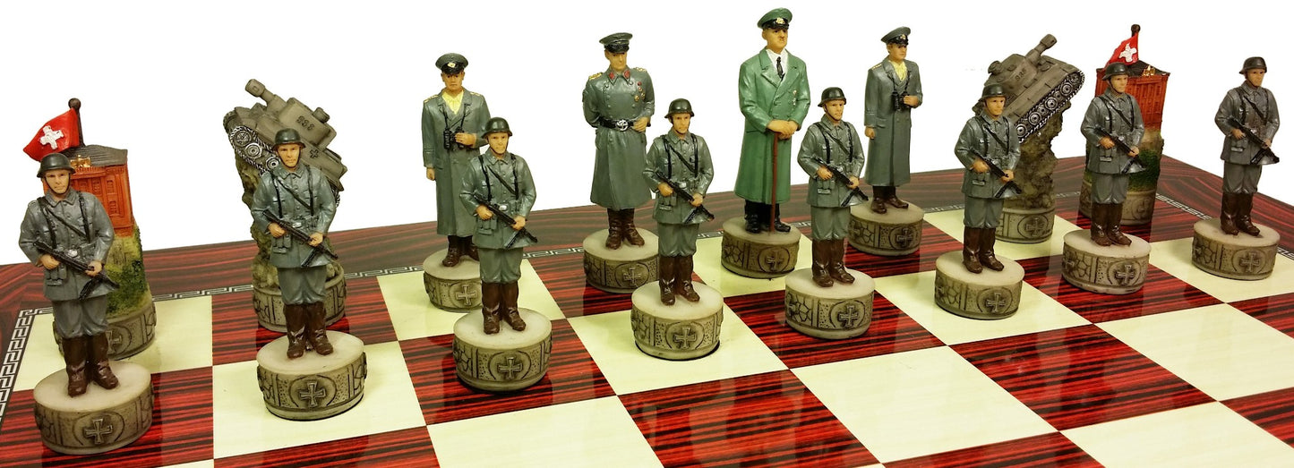 WW2 US vs GERMANY Chess Set W 17" Gloss Cherry Color Board World War 2