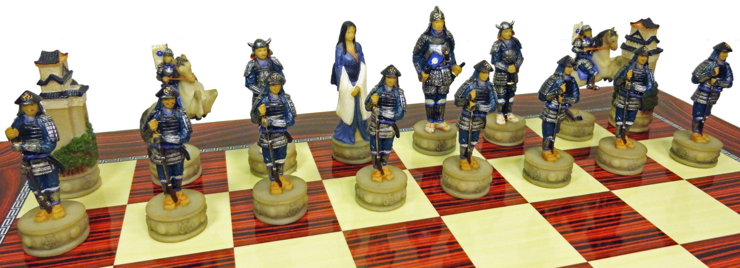Japanese Samurai Warrior Chess Set W/ 17" HIGH GLOSS CHERRY COLOR BOARD
